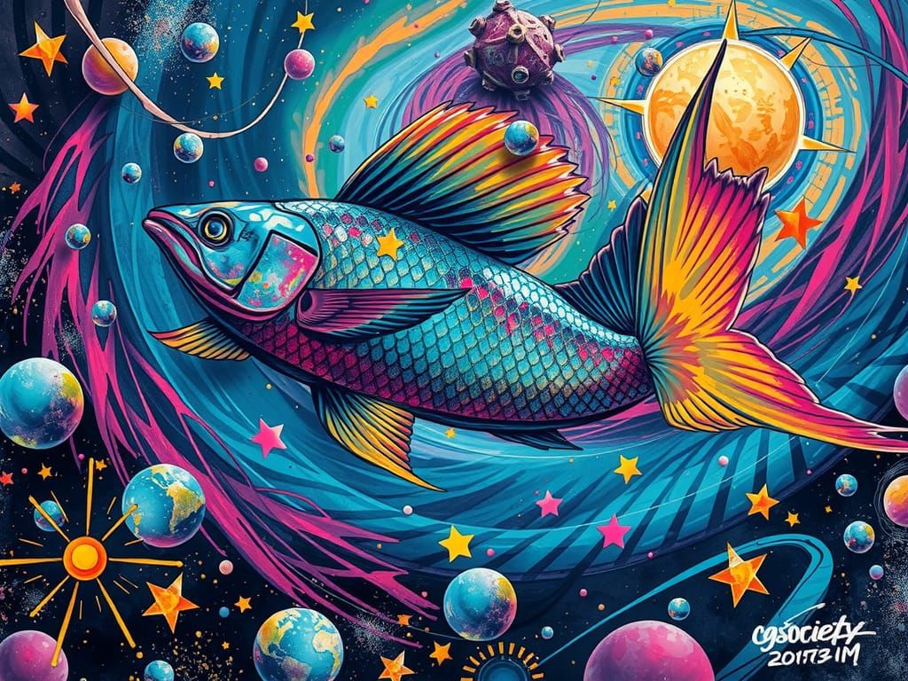 Cosmic Fish in Neon Galaxy: Graffiti Art