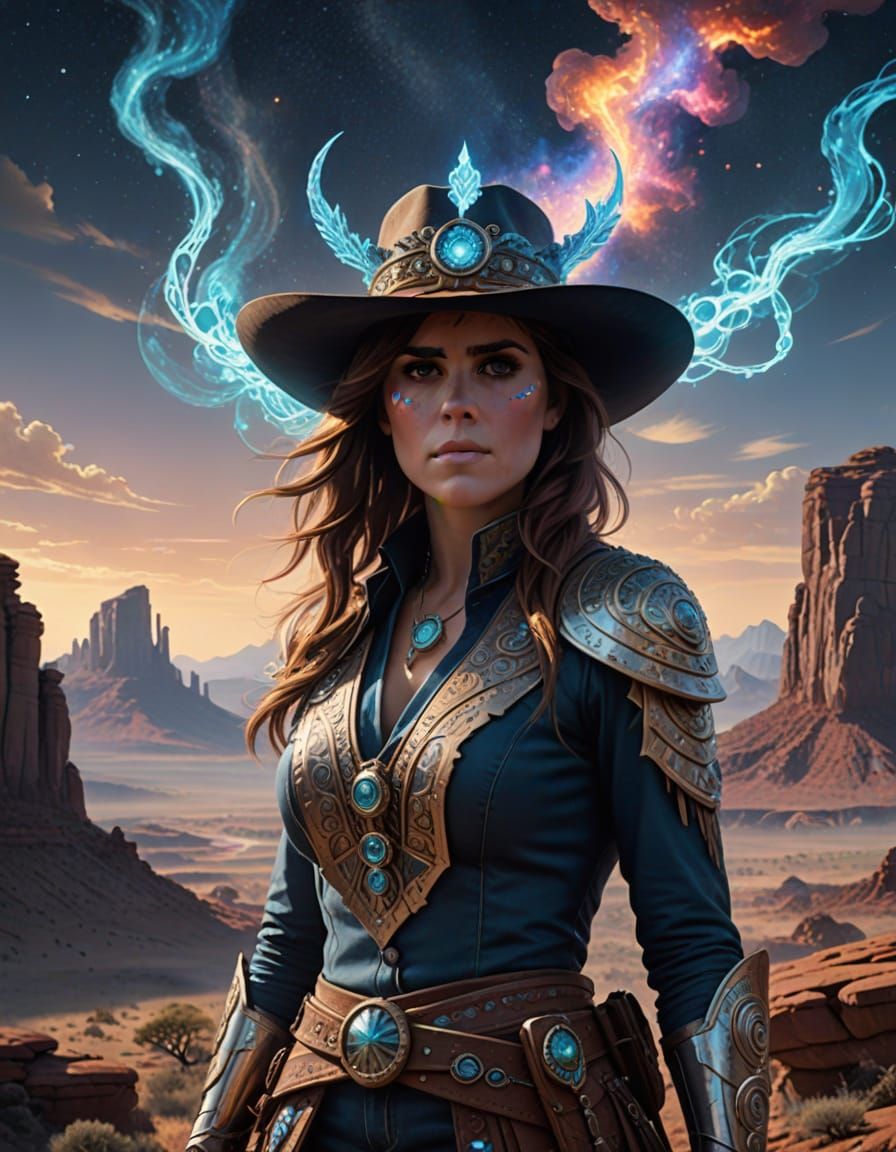 Fantasy Cowgirl with Glowing Markings on Mesa