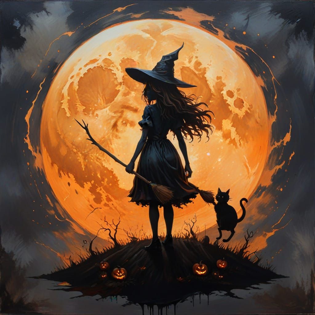 Surrealistic Moon Goddess with Witch's Silhouette