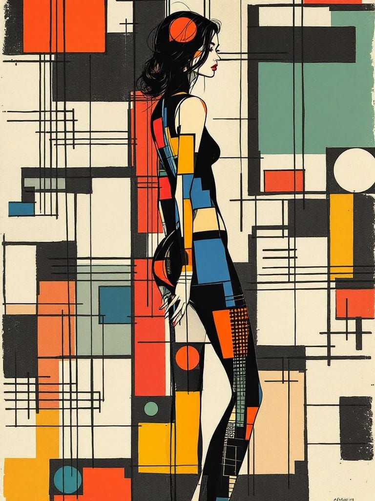 Elegant Woman Merges With Geometric Wall Art