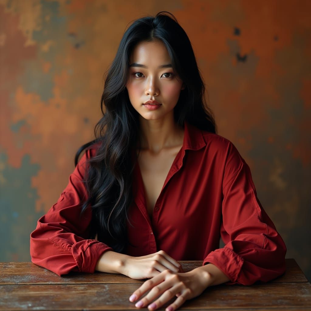 Stunning Asian Model in Red Shirt, Photorealistic Portrait