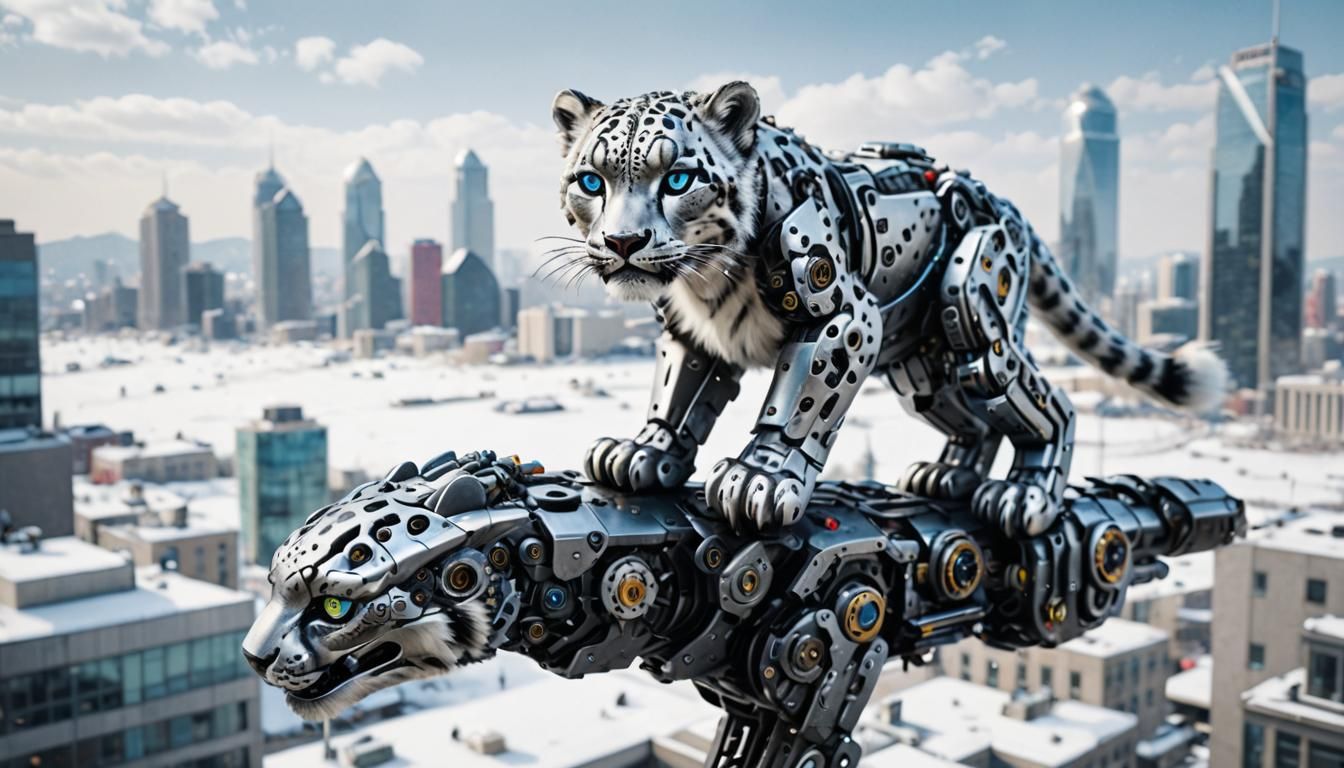 Cyborg Snow Leopard Cub on Robotic Bird