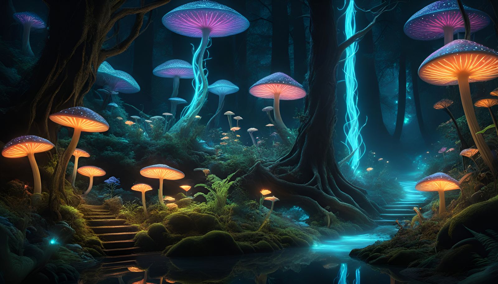 Radiant Bioluminescent Forest in a Dark Fairytale