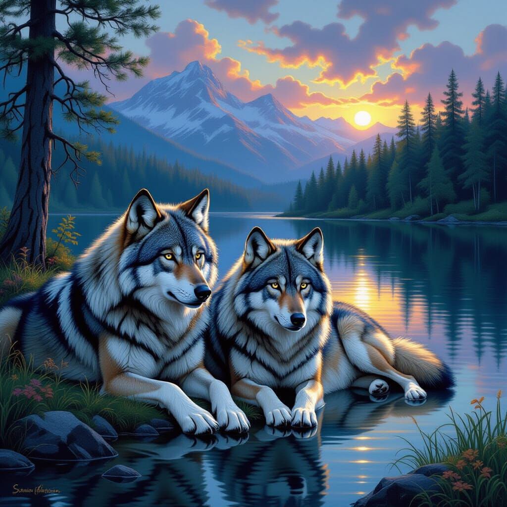 Majestic Wolves by a Tranquil Lake
