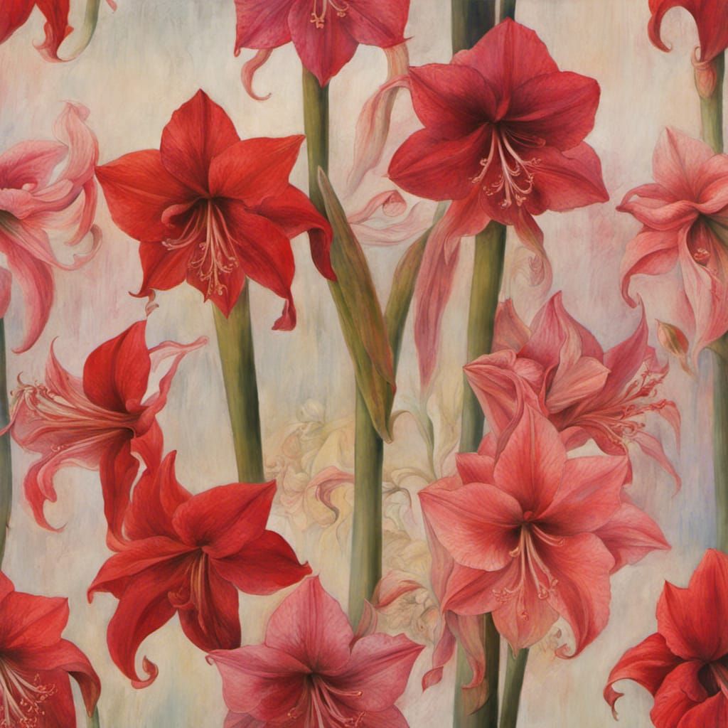 Red and Pink Amaryllis Flowers, Digital Painting