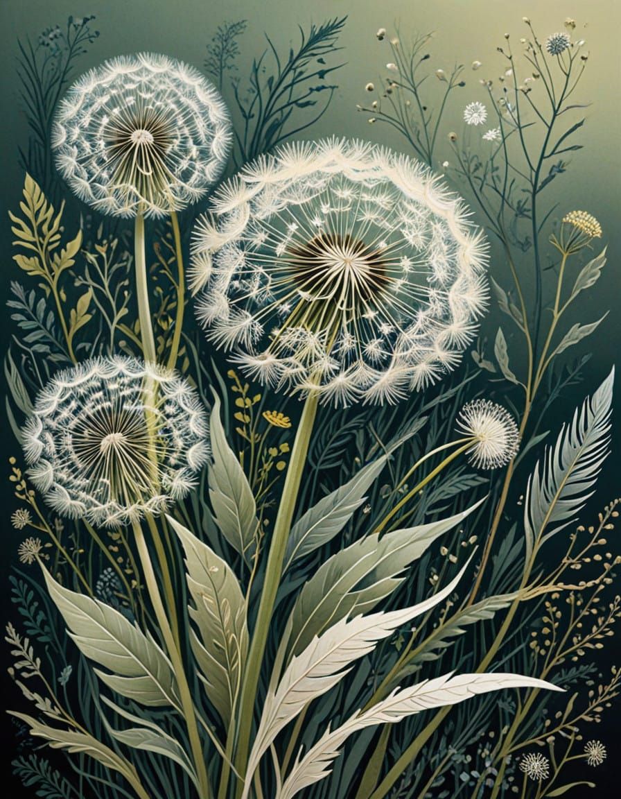 Intricate Dandelion Linoprint with Organic Textures