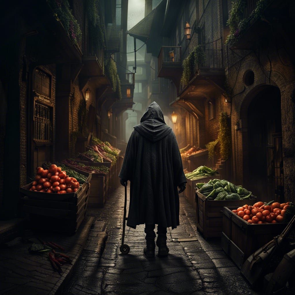 Hooded Figure in Medieval Alleyway: Digital Matte Painting