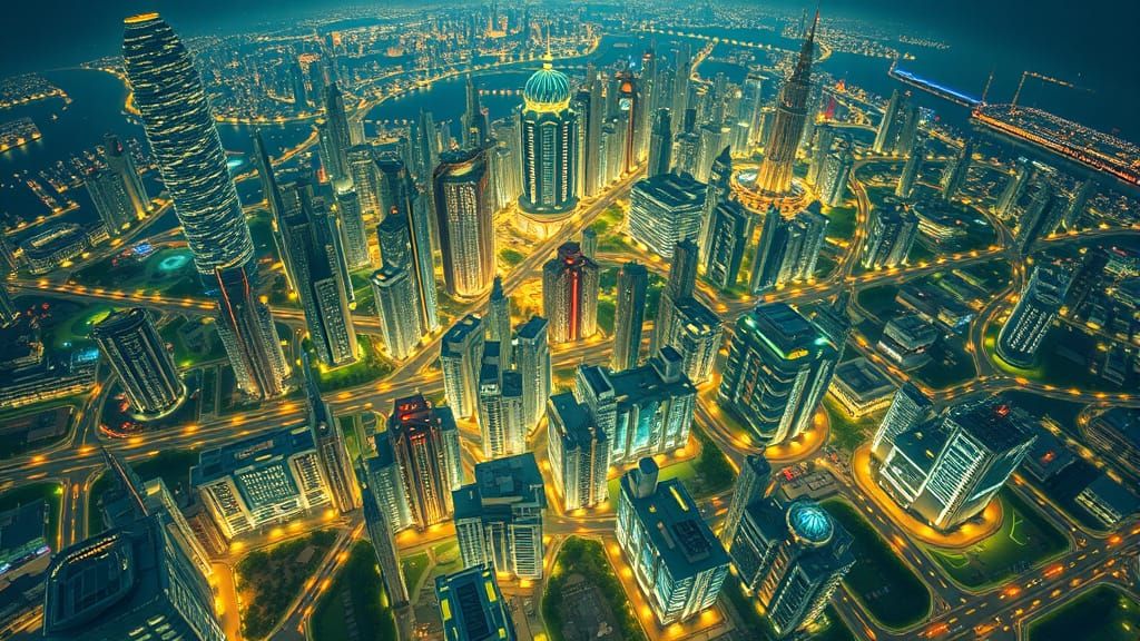 Futuristic Bioluminescent City: Aerial View