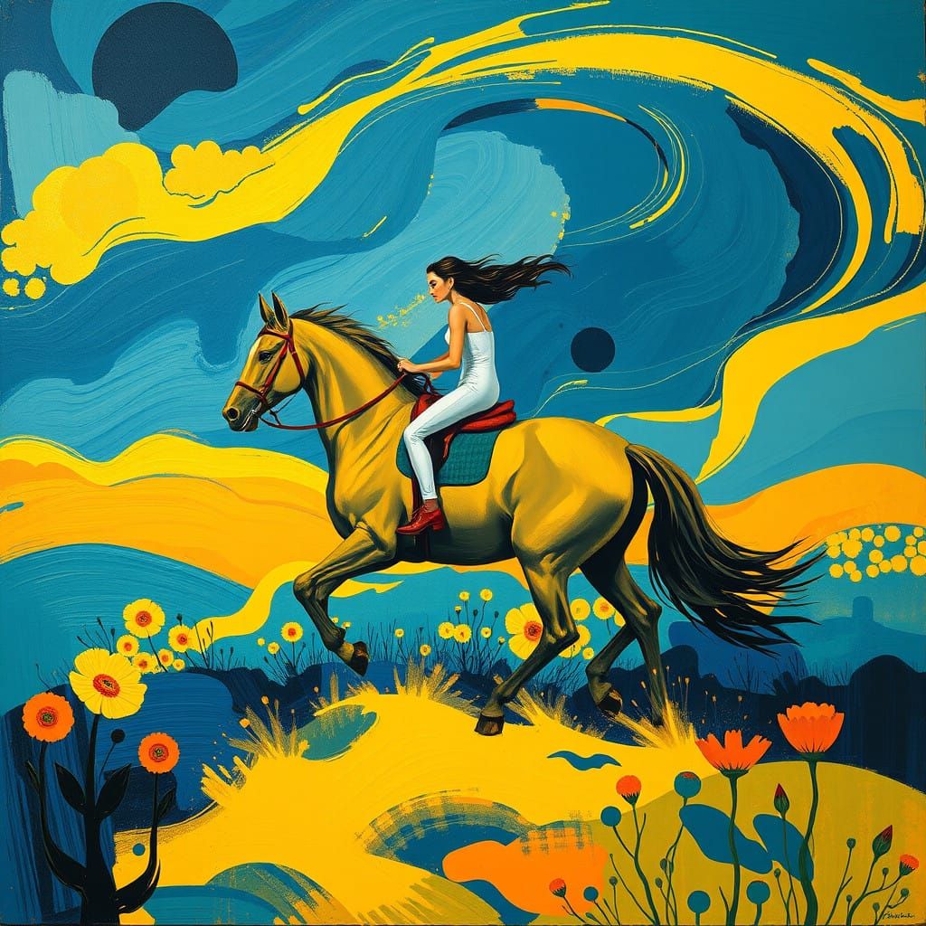 Vibrant Abstract Woman Rides Horse Through Swirling Landscap...