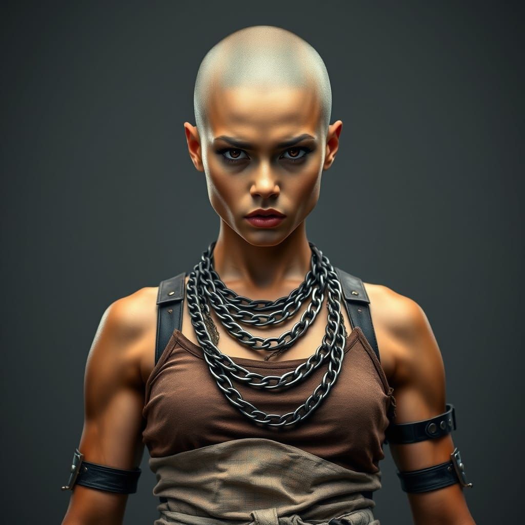 Muscular Woman with Shaved Head in Post-Apocalyptic Style