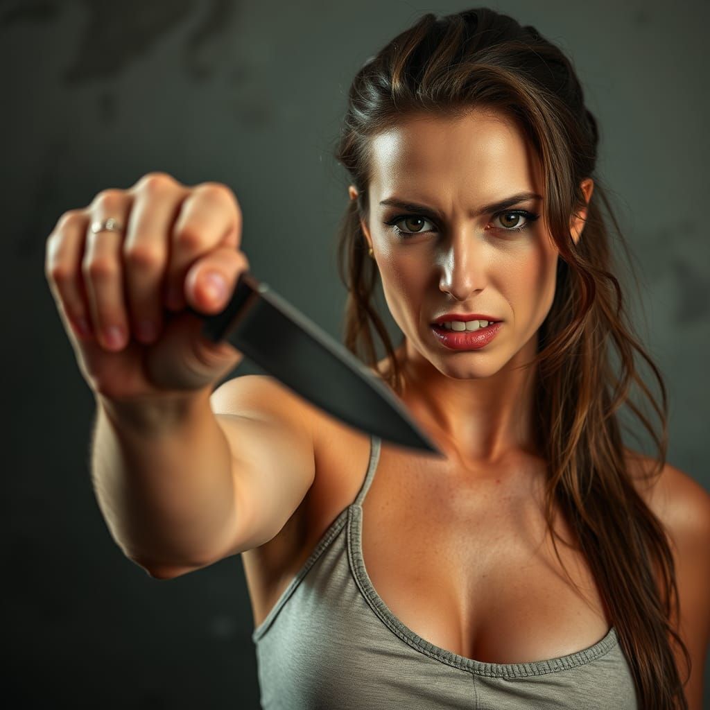 Angry Woman Waiving Knife at the Camera