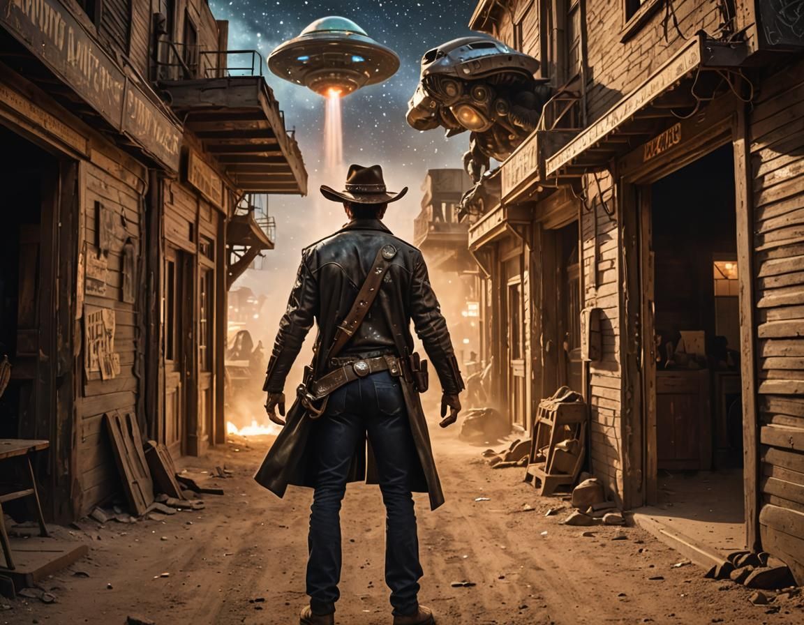 Cowboy Stares at Distant Sci-Fi Battle