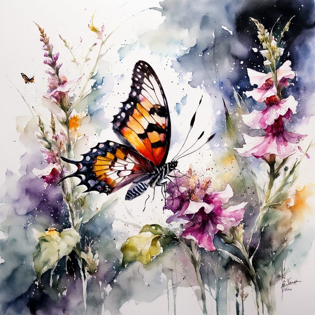 Butterfly on Foxglove Flowers in Splashy Watercolour