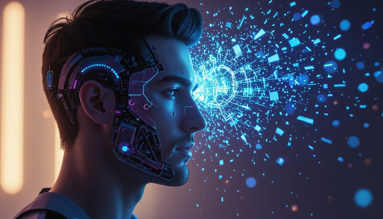 Male Face Disintegrates into Robot Parts With Neon Glow