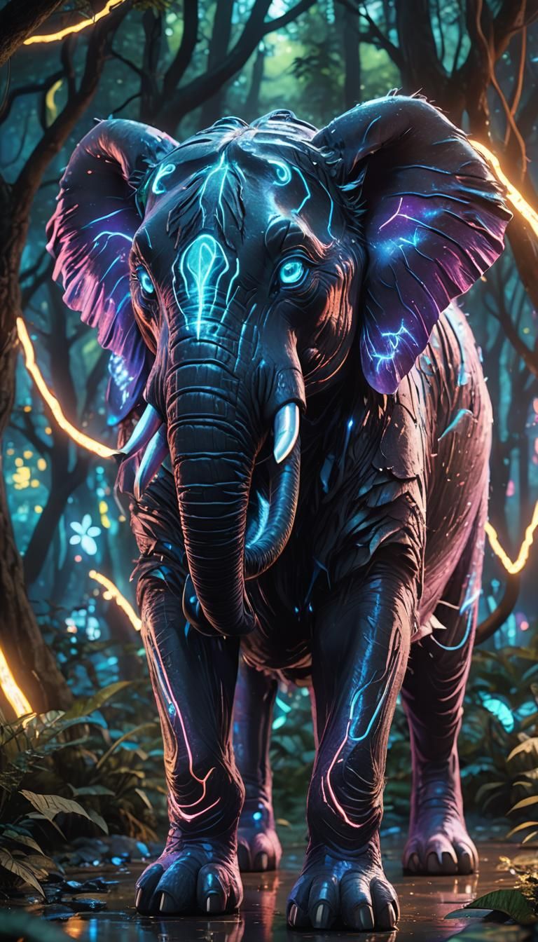 Mystical Cat-Elephant Fusion in Neon Forest, 3D Anime Art