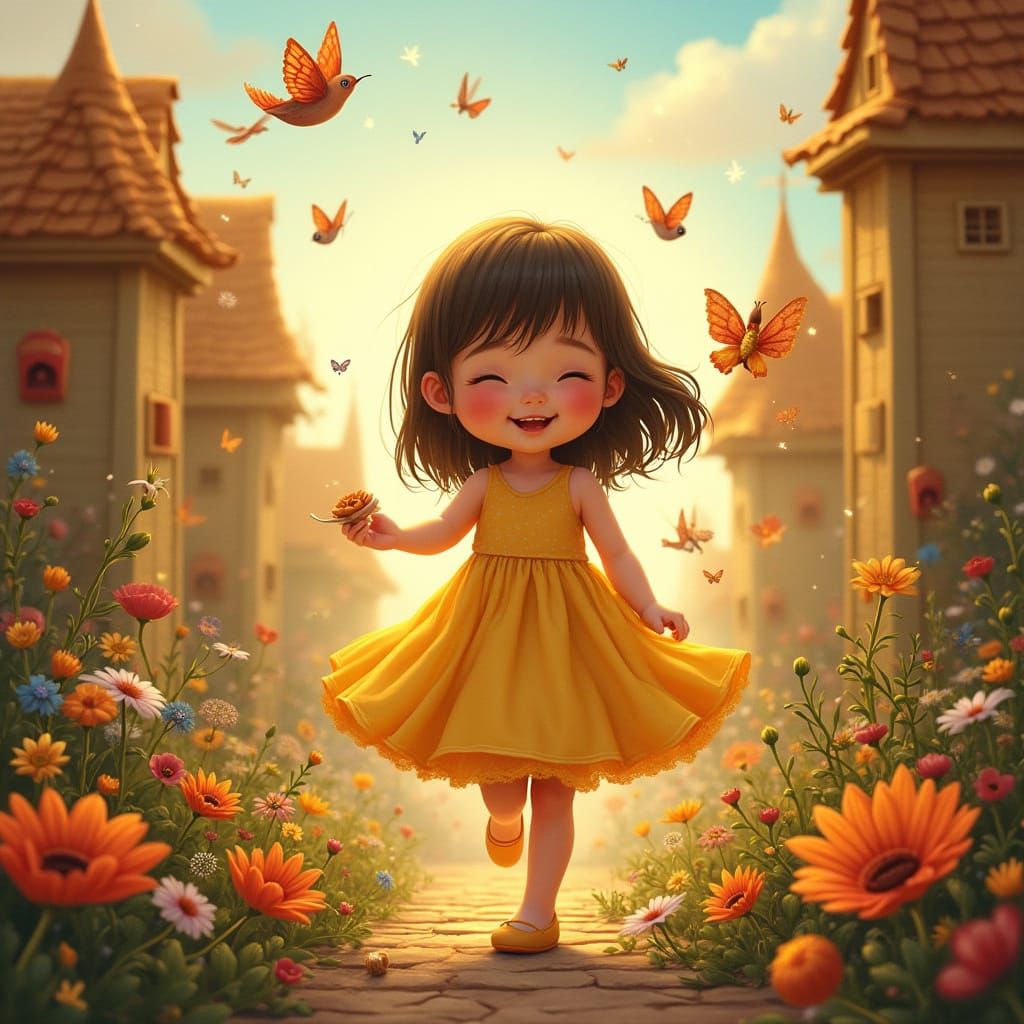 Happy Baby Girl in Whimsical Fantasy Town