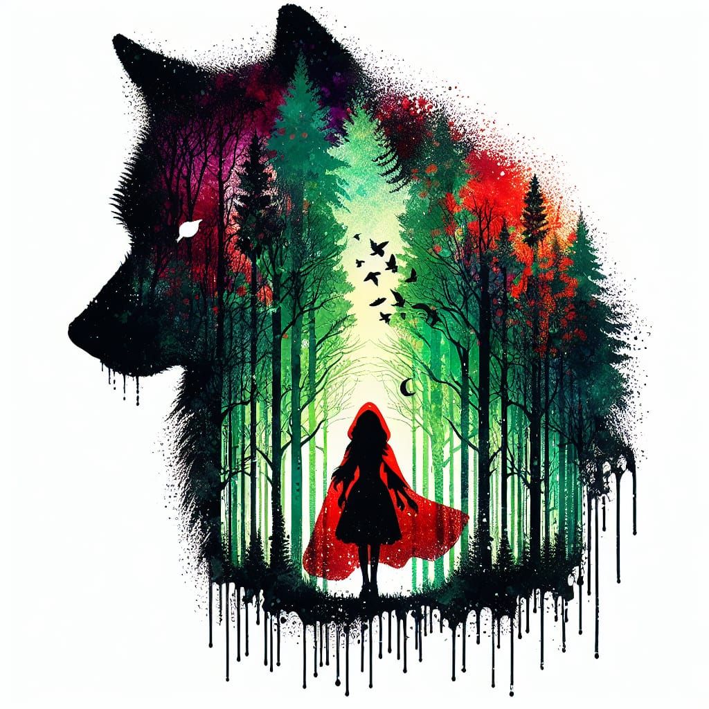 Little Red Riding Hood in Double Exposure Silhouette Art