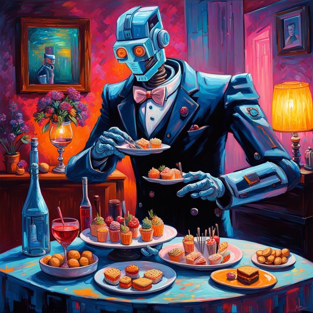 Cyberpunk Robot Butler Serves Hors D'oeuvres as Impasto Pain...