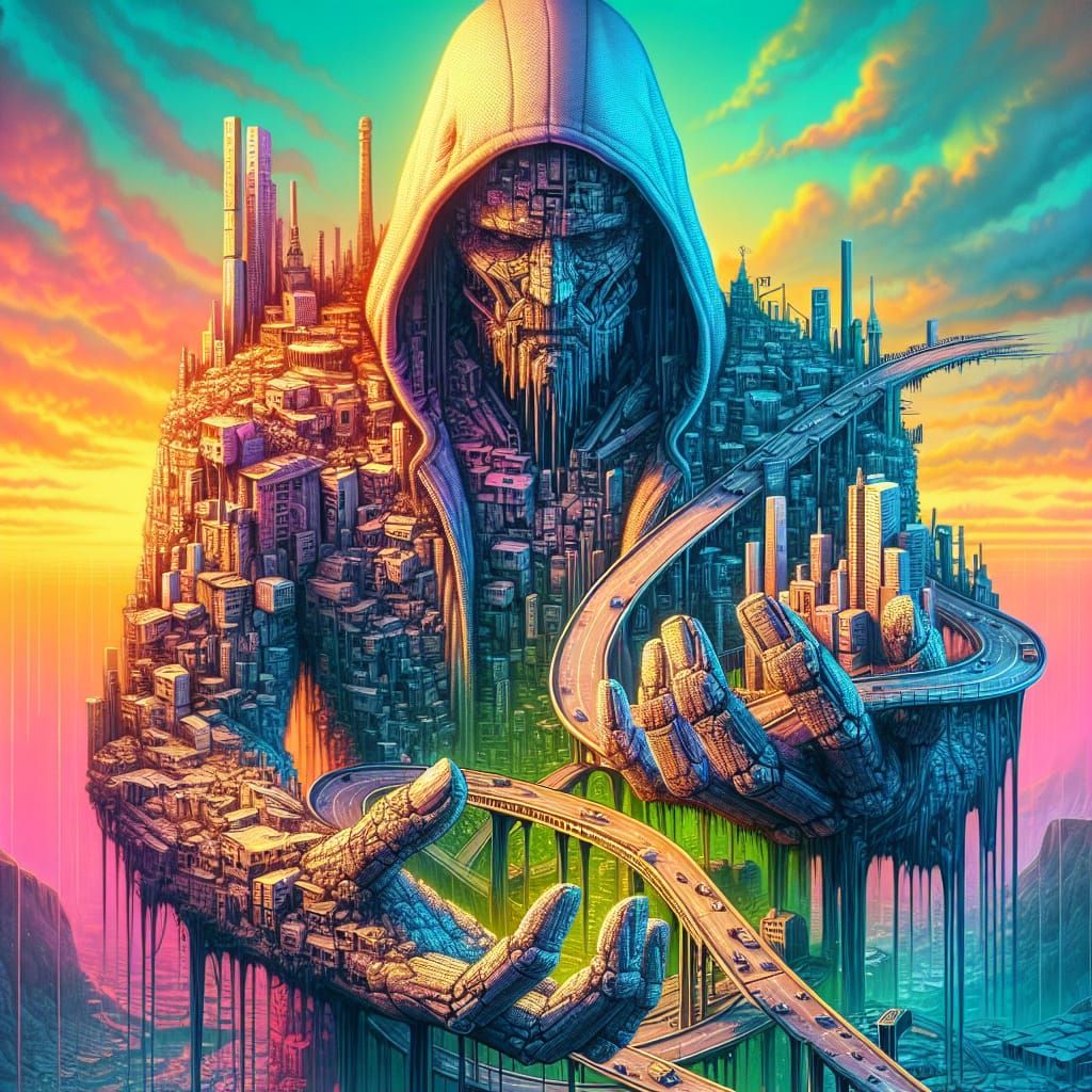 Post-Apocalyptic Robot Roadman in Neon Sunset