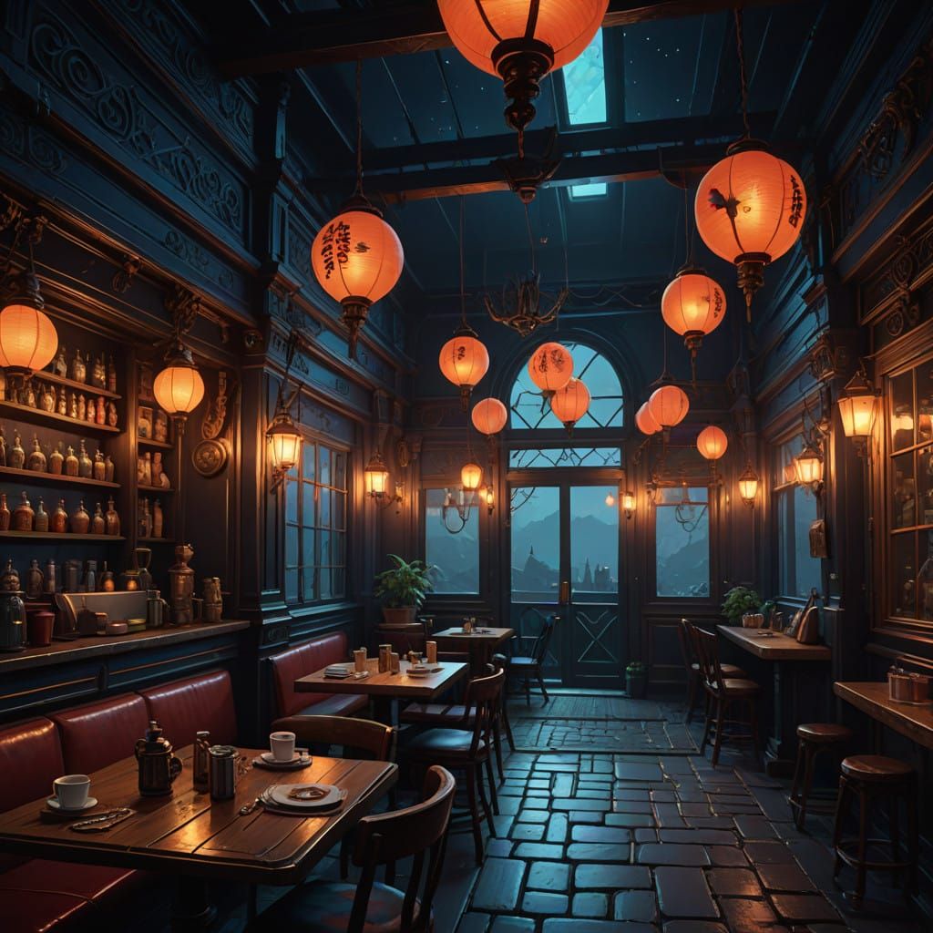 Mysterious Dark Cafe in Unreal Engine 5 Style