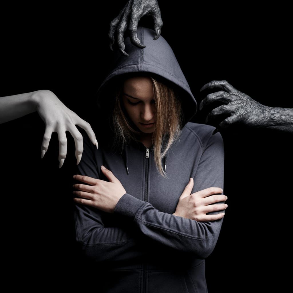Woman in Dark Room Surrounded by Sinister Hands