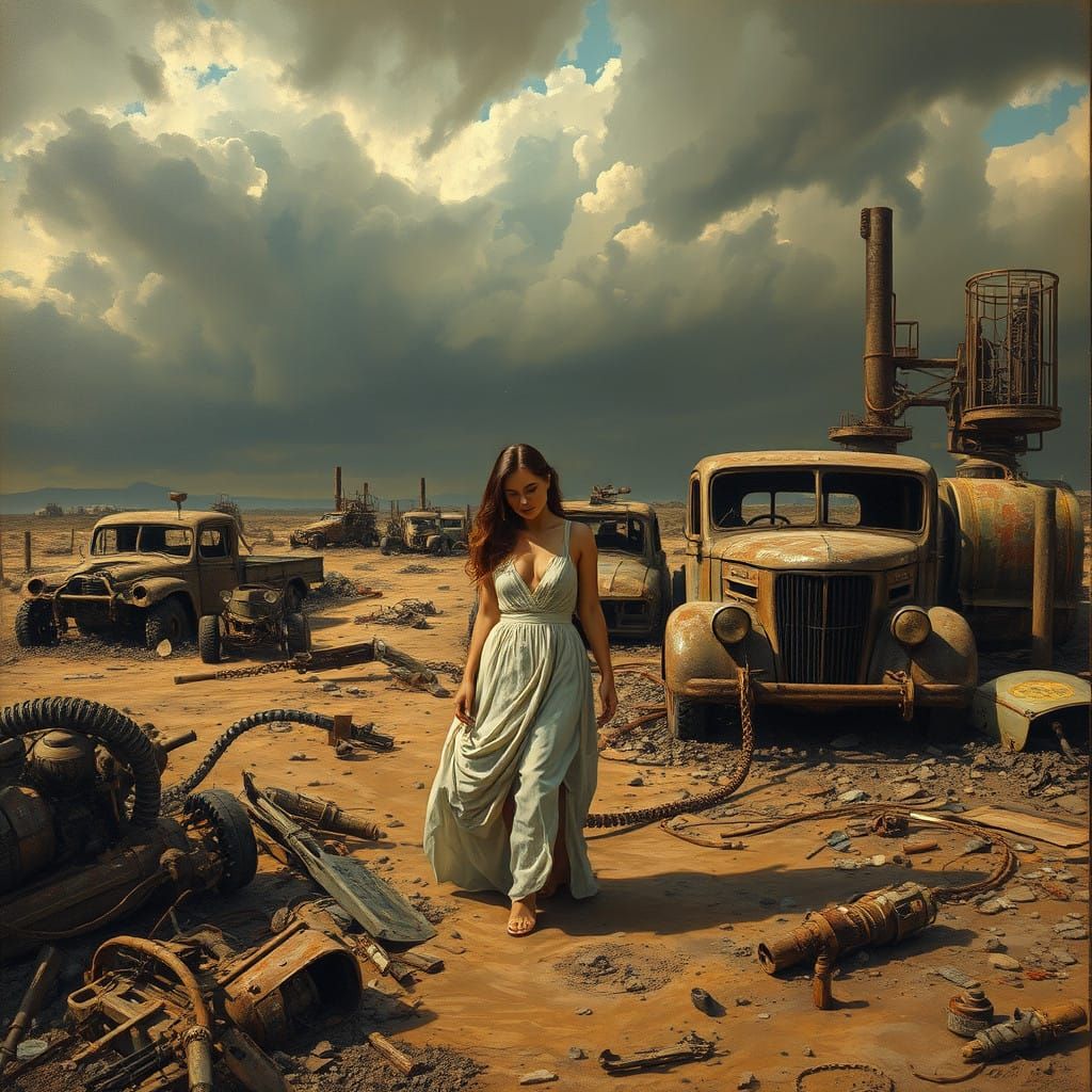 Elegant Woman Amidst a Post-Apocalyptic Wasteland in a Hyper...