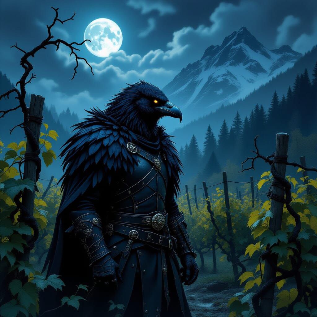 Wereraven in Moonlit Vineyard, Dark Gothic Horror Style