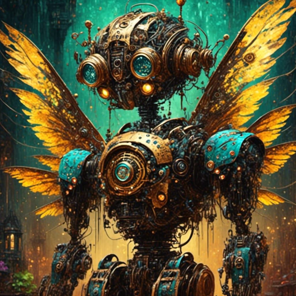 Steampunk Robot with Wings in Pop Art Style