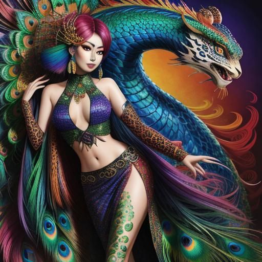 Asian Woman with Dragon Scales and Peacock Hair