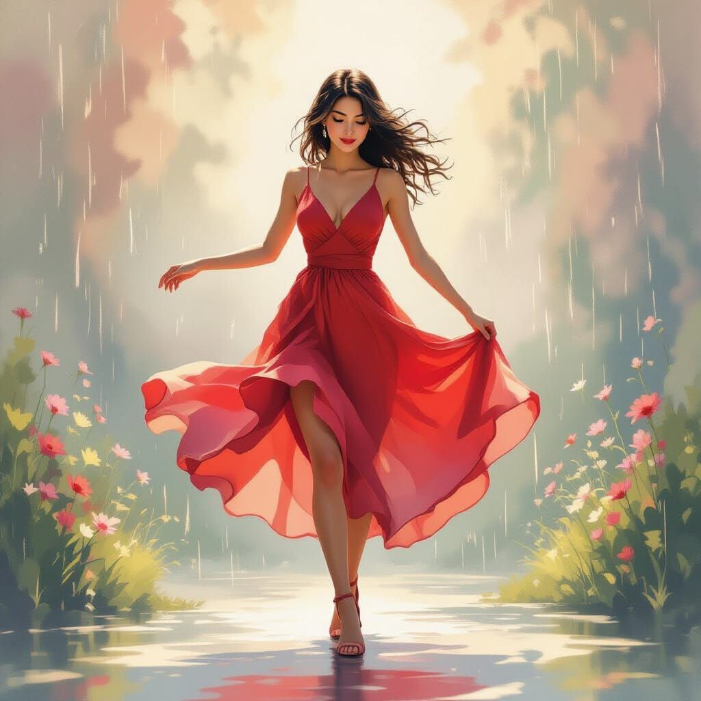 Woman Dancing in Rain with Watercolor Brushstrokes