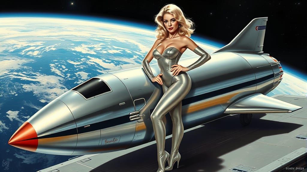 Retro Pin-Up Girl on Spaceship, Gil Elvgren Style