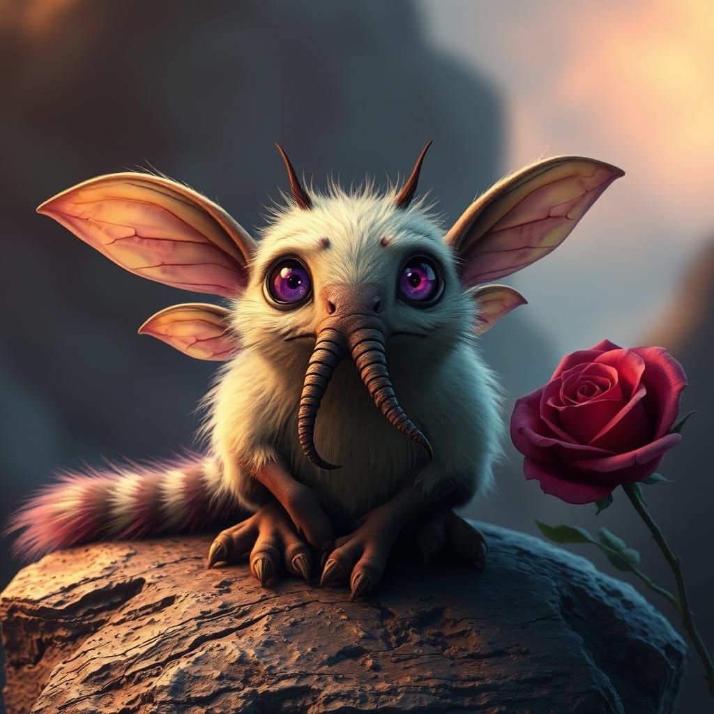 Mystical Beast Contemplates a Rose in Warm, Triadic Hues