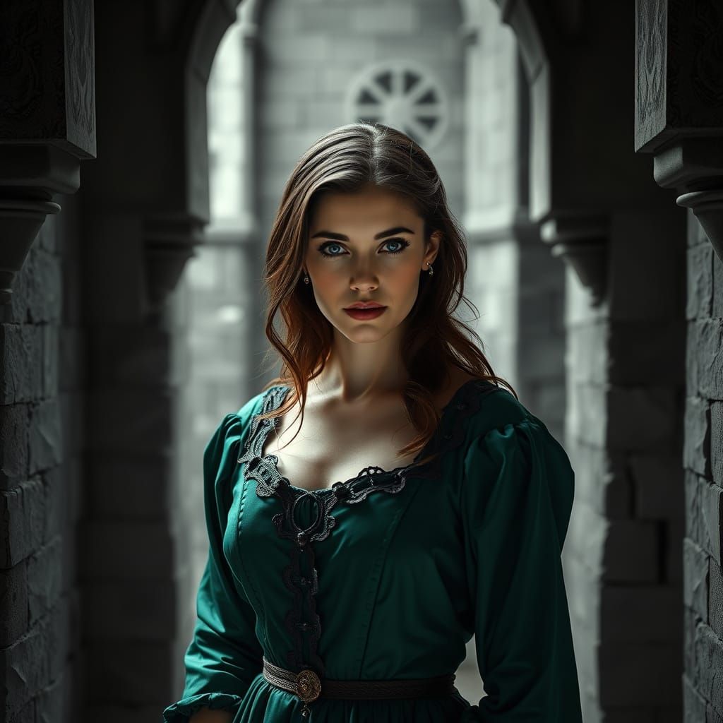 Woman in Emerald Dress: Monochrome Castle Portrait