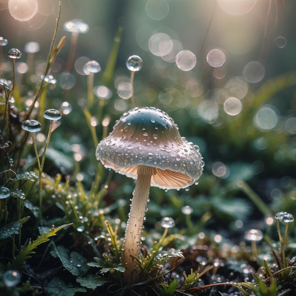 Transparent Pastel Mushroom in Morning Dew: Macro Photograph...