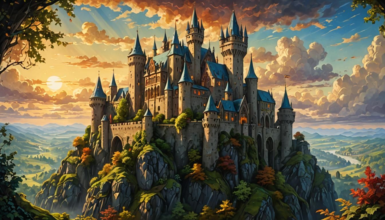 Medieval Castle on Hill in Oil Painting Style
