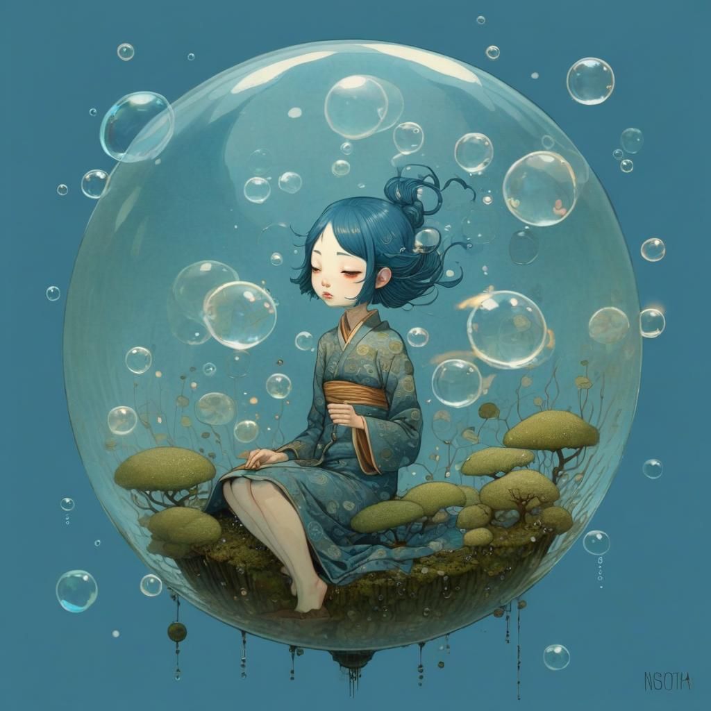 Bubbles Girl Floating in Air, Illustrative Style