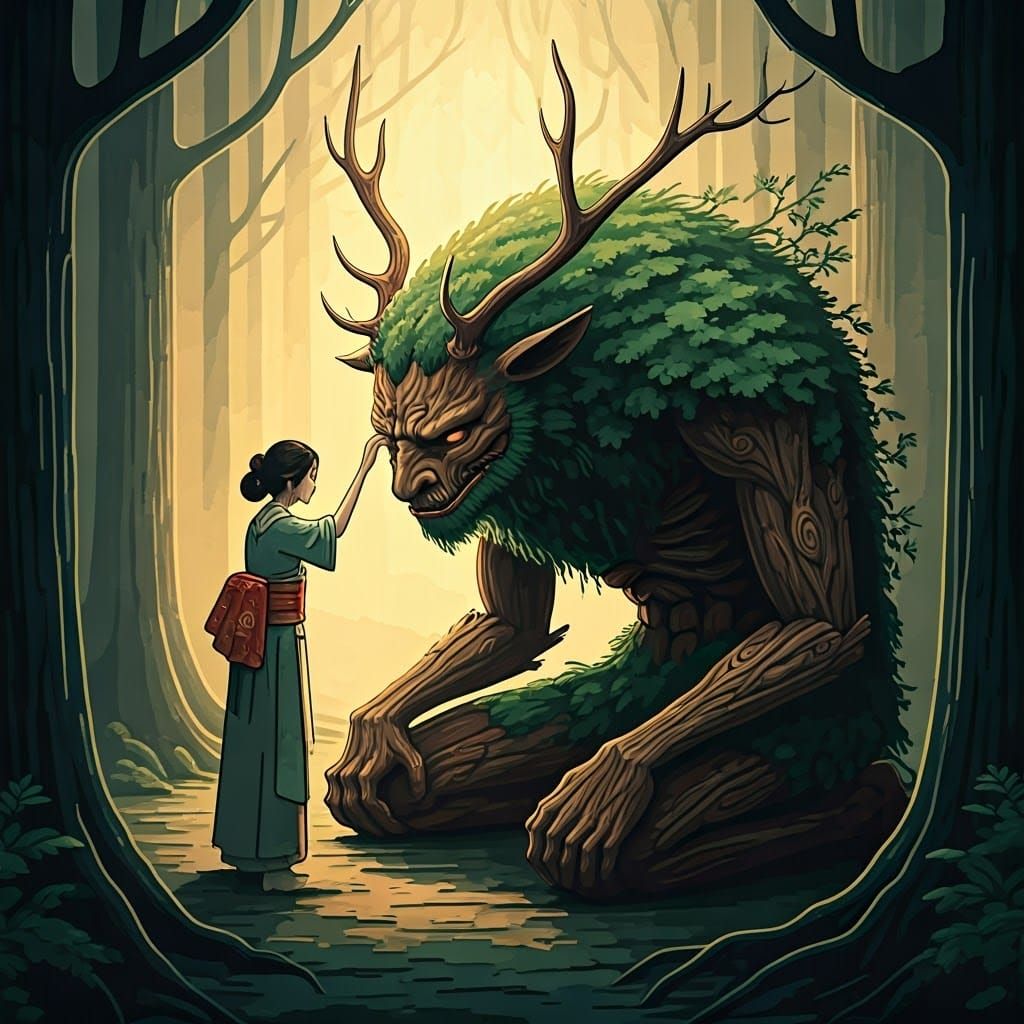 Ukiyo-e Maiden Touches Moss Beast in Dead Forest