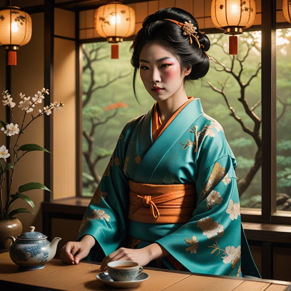 Ethereal Geisha in Vibrant Kimono, Japanese Tea Room Setting