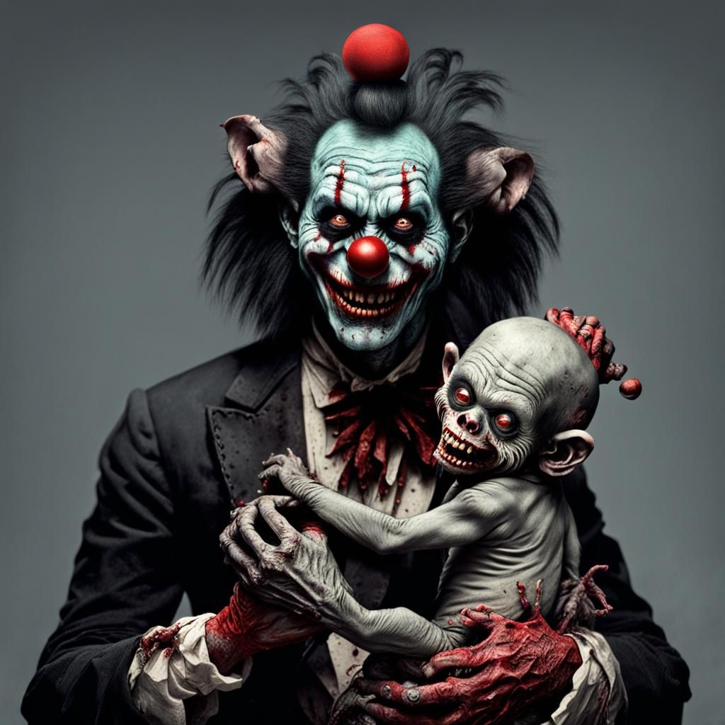 Zombie Monkey Monster Clown with Baby in Horror Style