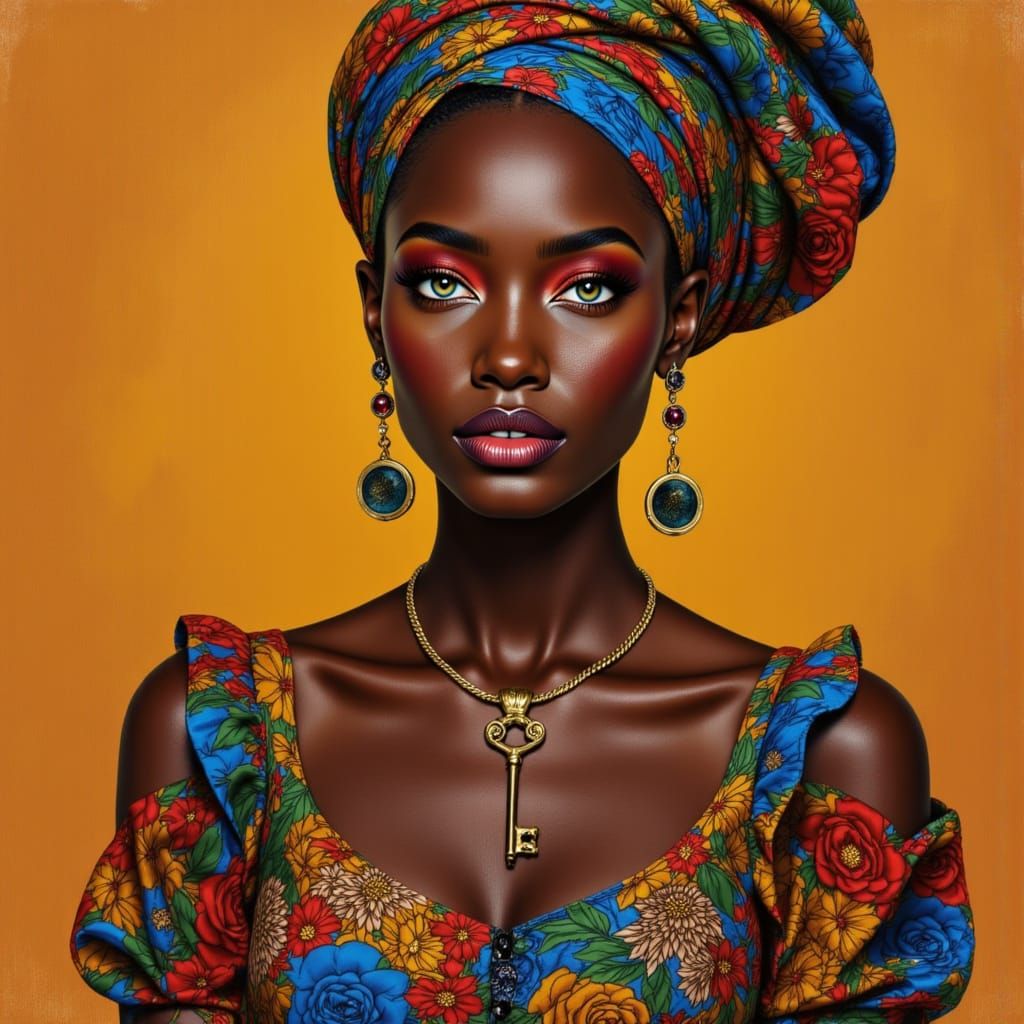 Blue-Eyed African Woman with Key Pendant
