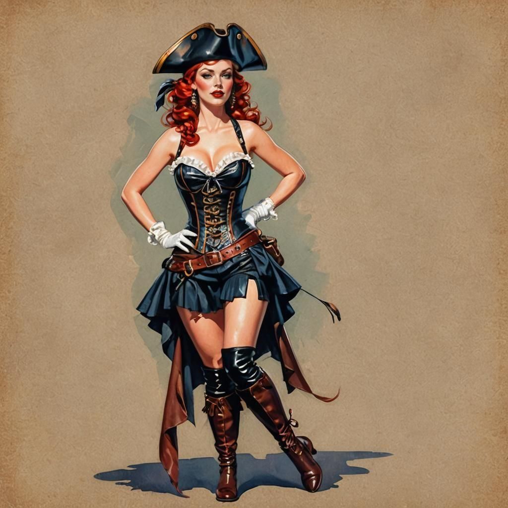 Retro Pinup: Redhead Pirate in Gouache Style