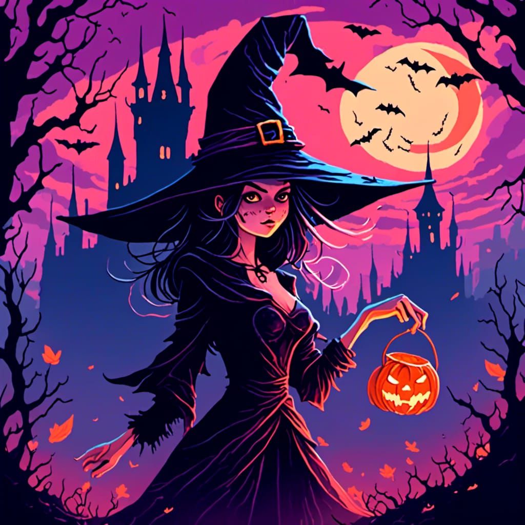 Halloween Witch Illustration in Mixed Media Style