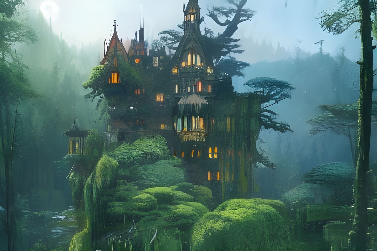 Fantasy Castle Overlooking Lush Forest, Digital Matte Painti...