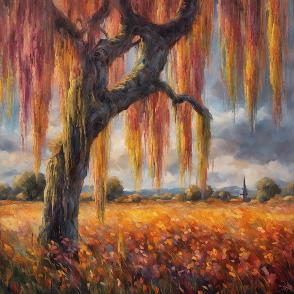 Impressionistic Weeping Willow in Autumnal Field