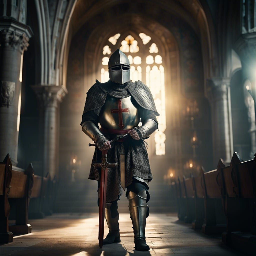 Crusader Knight Praying in Church: Cinematic Still