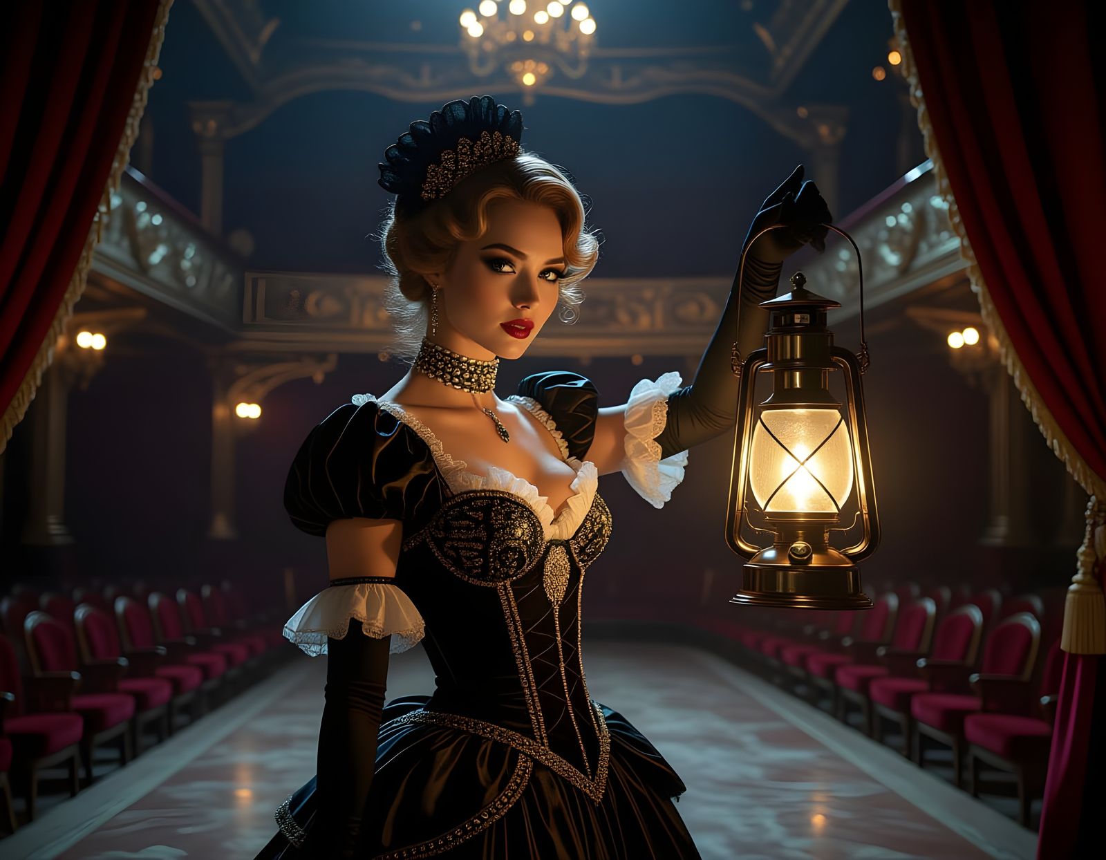 Victorian Showgirl with Lantern in Theater
