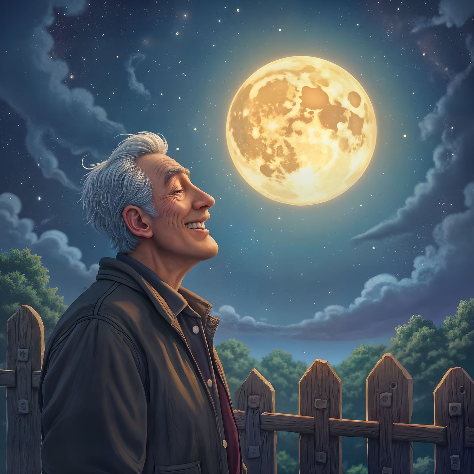 Man Gazing at Supermoon in Humorous Cartoon