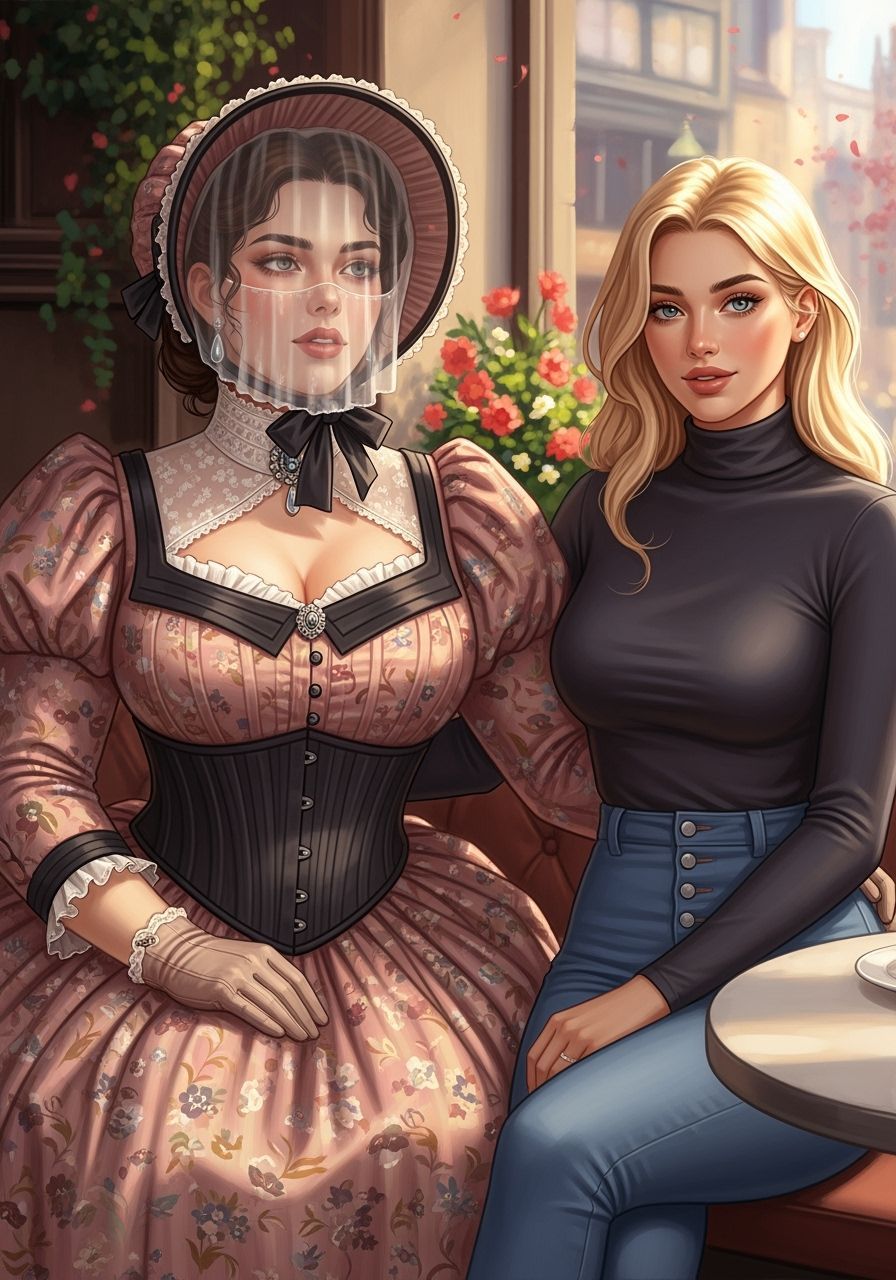 Victorian Woman and Friend in Cozy Cafe, Impressionist Glow