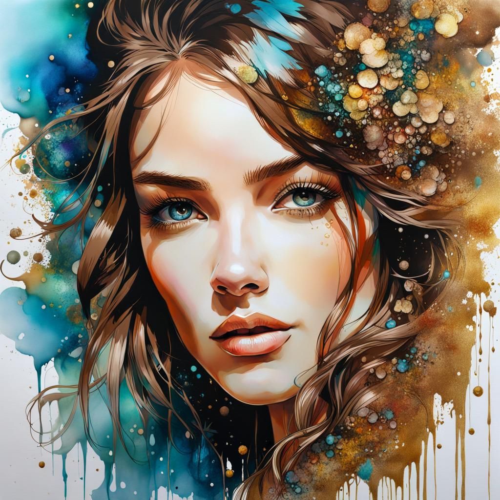 Beautiful Woman Portrait in Alcohol Ink and Graffiti Art