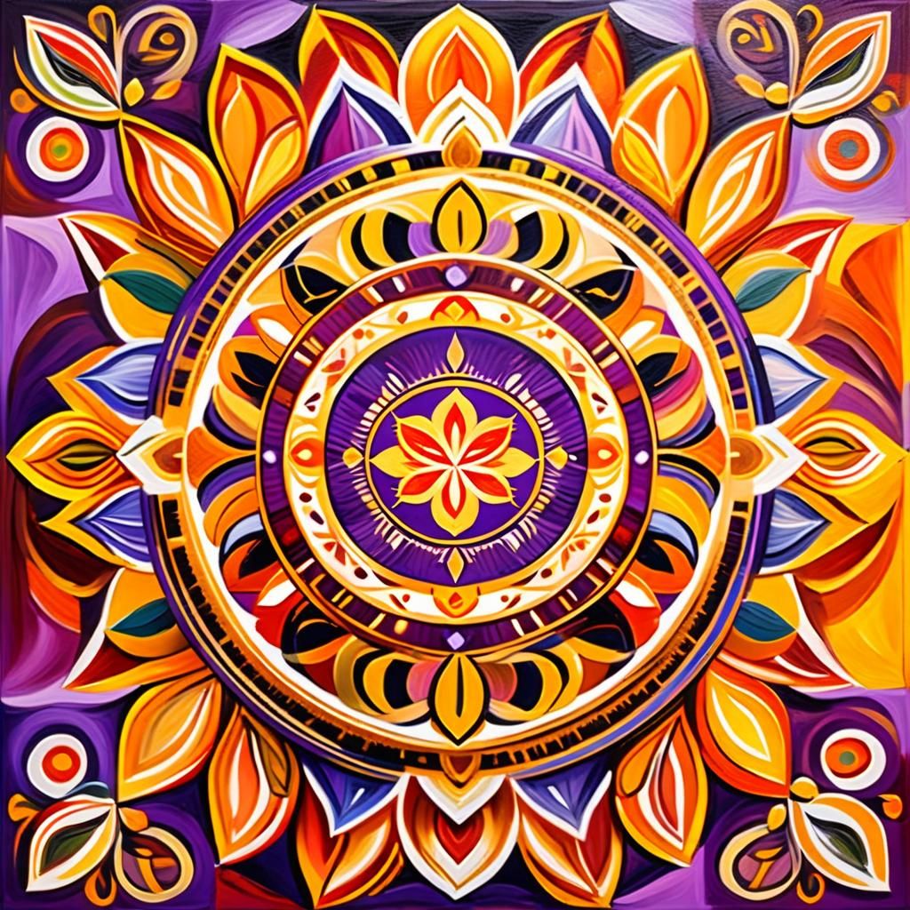 Warm-Toned Mandala Oil Painting with Lotus Leaves